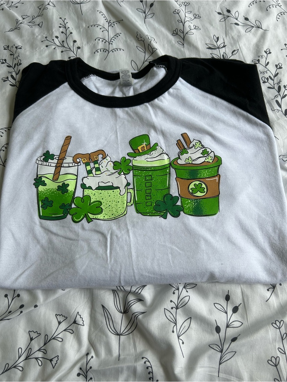 Jerzees White & Black Raglan Tee with Green Shamrock Drinks